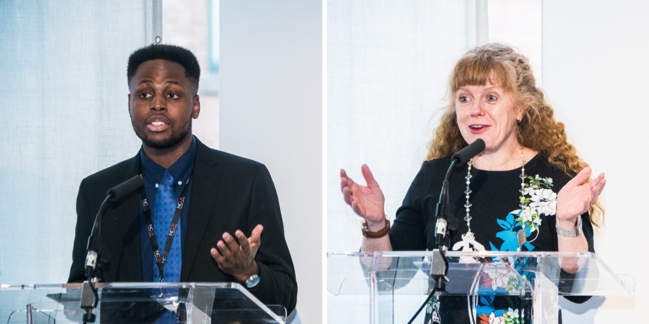 Student speaker, Seyi Pearce (left) and Pro-Vice Chancellor at the University of Salford and Chair of the Northern Consortium charity, Jo Purves (right)