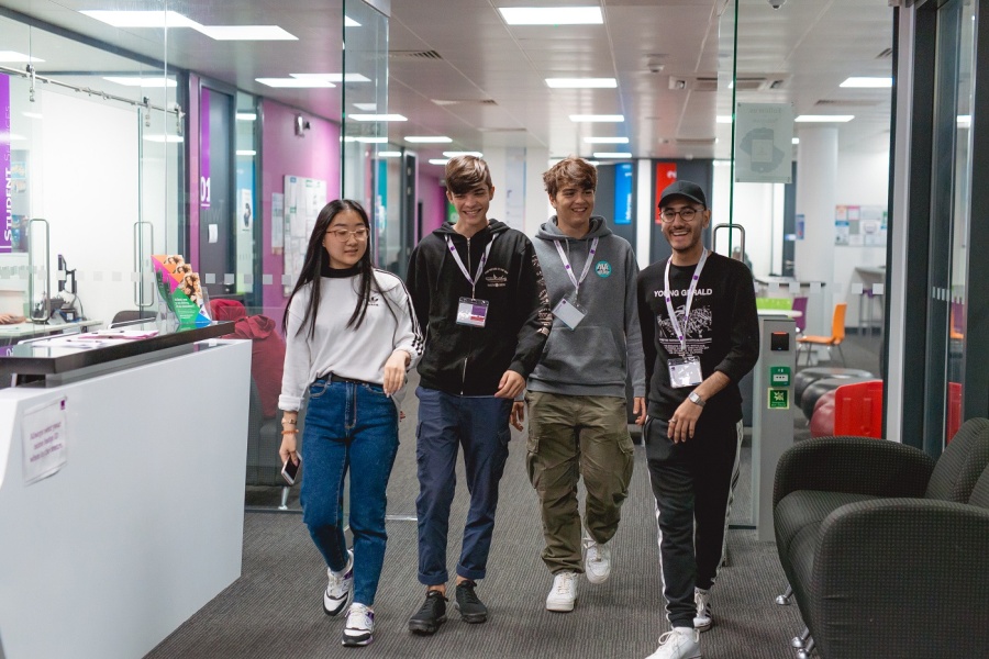 Students walking in building