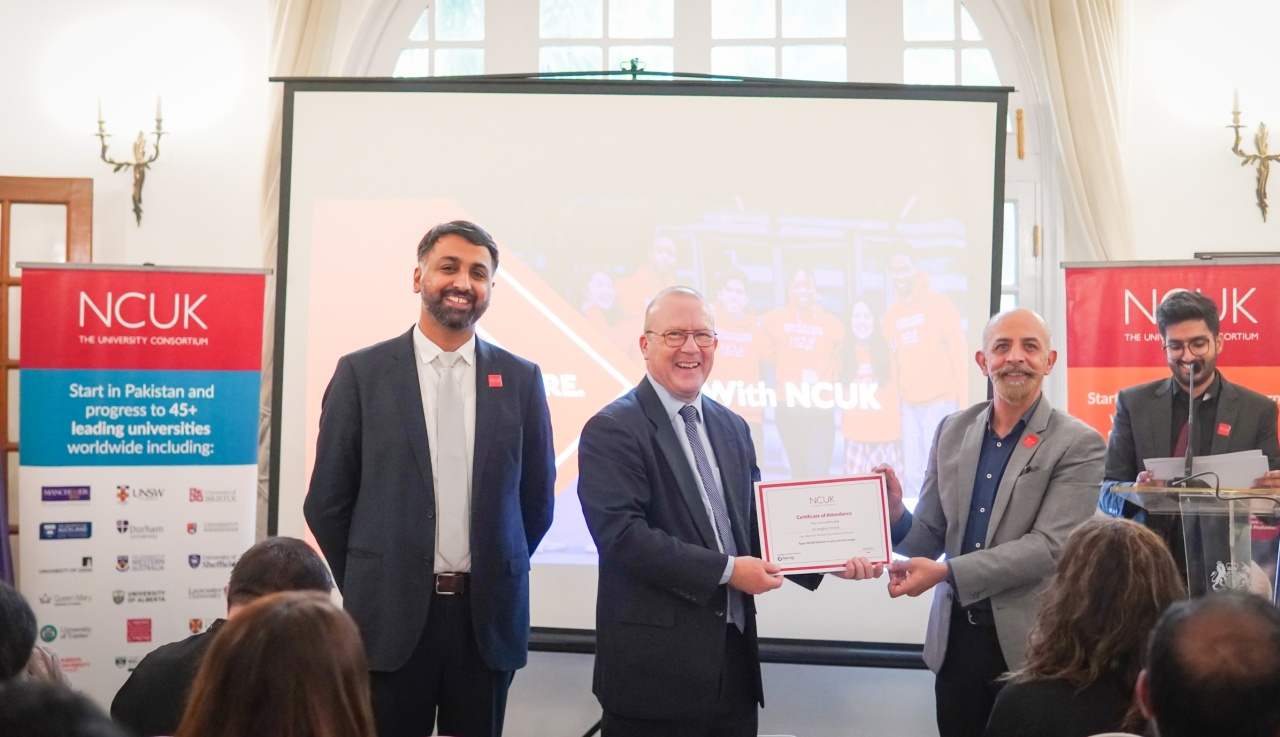 (Pictured left, from left-right: Usman Akram, Managing Director, Oxbridge Digital (NCUK’s Pakistan Representative), Martin Dawson, Deputy British High Commissioner in Pakistan, Ali Asghar Dossa, Director External Linkages)
